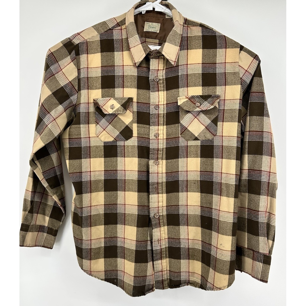 Vintage Sears Plaid Long Sleeve Button Down Flannel Shirt Brown 17/17.5 Tall